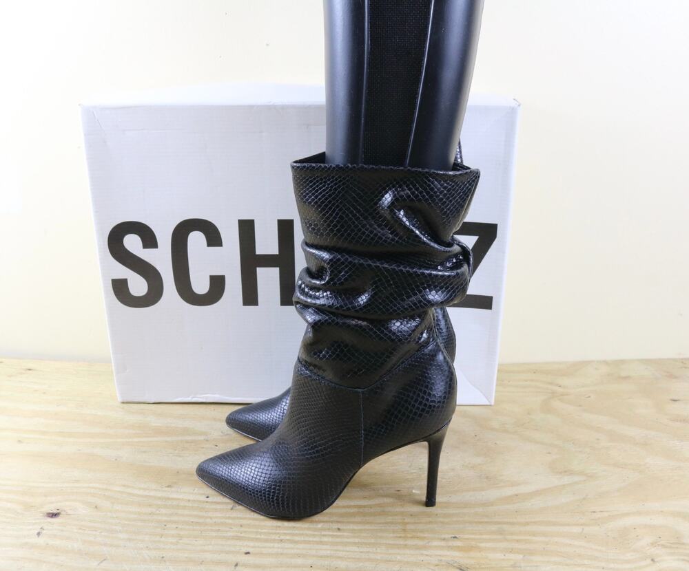 New Schutz Boots 5B Brown Leather Ashlee Snake Print Stiletto Point Toe Shoes